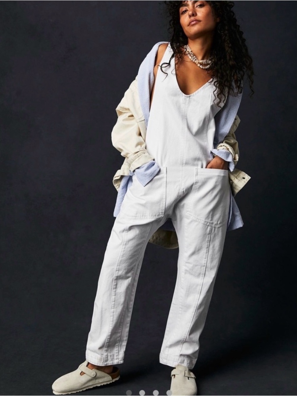 Free People Cream Utility Cotton Jumpsuit